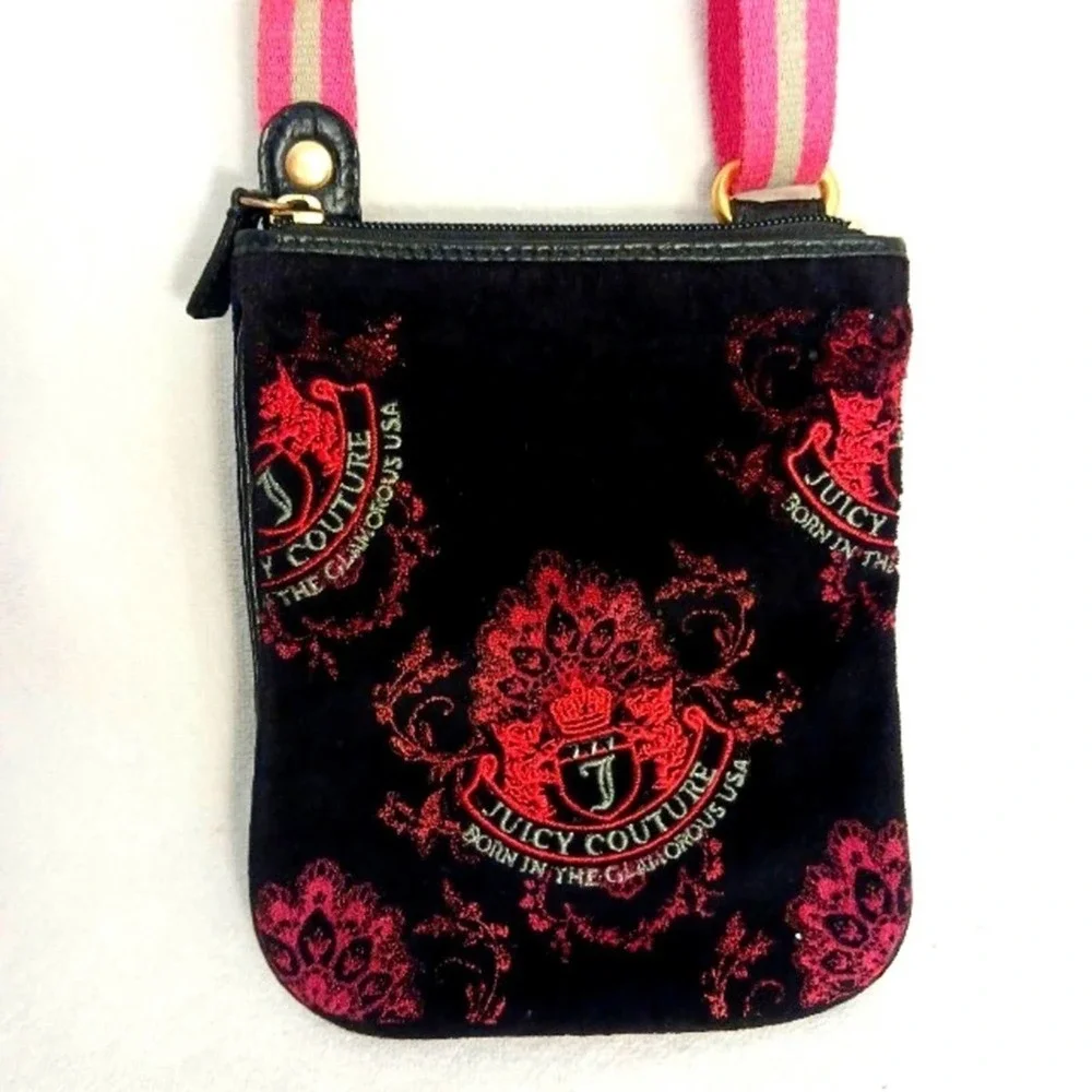 Juicy Couture Crossbody BLACK VELVET Shoulder Bag Purse Adjustable EMBROIDERED